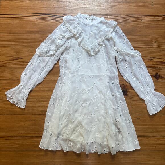 Urban Outfitters white ruffle eyelet cottage long sleeve dress SIZE 4 - Picture 1 of 6